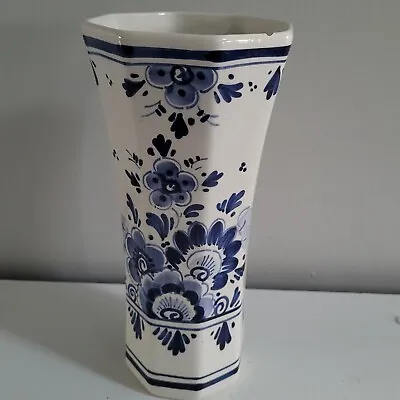 Vtg Signed DELFT BLAUW Holland Vase Hand Painted 8  Octagon Shaped • $8.99