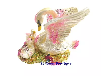 Bejeweled  Swan Mom & Babies Hinged Metal Enameled Rhinestone Trinket Box • $22