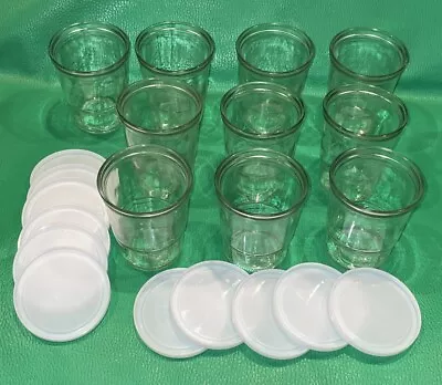 Ball Set Of 10- 8 Oz. Jelly Jar Glasses With 11-White Plastic Snap On Lids Vtg • $24.99