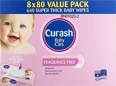 $22.99 • Buy Curash Fragrance Free Baby Wipes 8X80PK (640s Wipes)