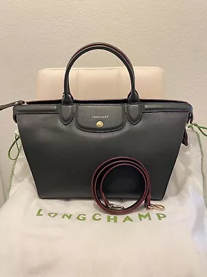 Longchamp Le Pliage Heritage Leather Black Bag With Maroon Trim • $295