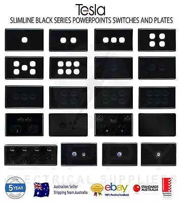 Tesla Slimline Black Powerpoints & Switches (5 Year Warranty Aussie Approved) • $7.59