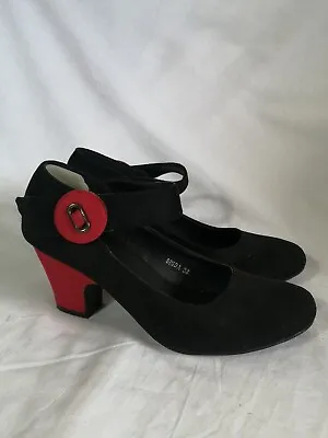 I Love Billy Womens Heel Shoes Black Red Microsuede Ankle Strap 38 /6 • $35