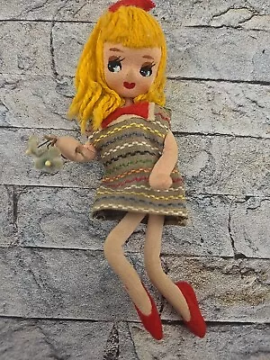 Vintage Japan Posable Little Big Eye Doll Blonde Flowers Stripe Dress • $15