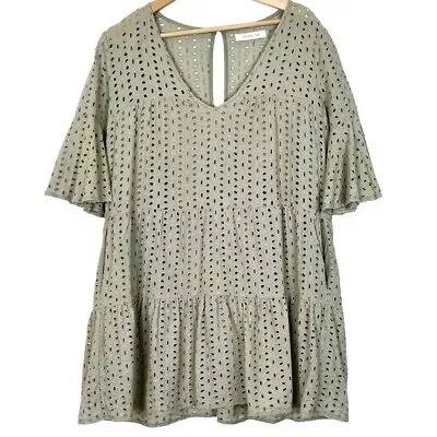 Mustard Seed Dress Womens Eyelet V-Neck Swing Babydoll Mini Green Size Large • $18.95