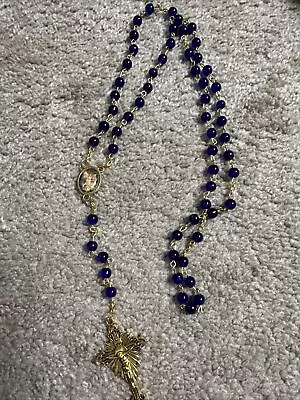 Vintage Rosary St Michael The Archangel Blue Glass Beads Christian H11 • $18