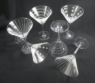 6 VTG MIKASA CHEERS Etchd Crystal Martini Cocktail Glasses ~2 Dot 2 Swirl 2 Line • $49.99