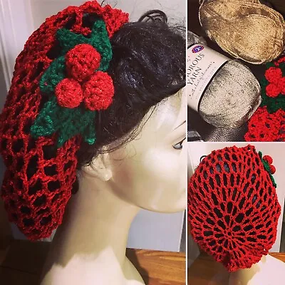 £16 • Buy 1940s Hair Snood Hairnet Christmas Hair Accessory Red Sparkly Berries Vintage