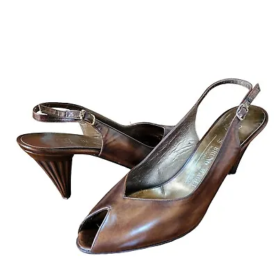 BRUNO MAGLI Bologna Sz 9 AA Women's Glossy Golden Brown Slingback Peep Toe Shoes • $40.50