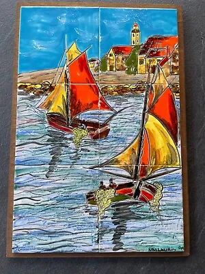 Antique Vallauris Tile Tableau   Fishing Cote D'azur.  Signed HM . Beautiful... • $249