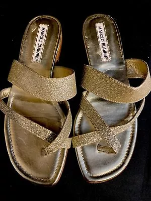 Manolo Blahnik Susa Gold Glitter Sandals  • $75