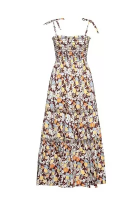 Tory Burch Reverie Smocked Tiered Maxi Sundress Shoulder Tie W/mask Sz Us Lg Nwt • $99