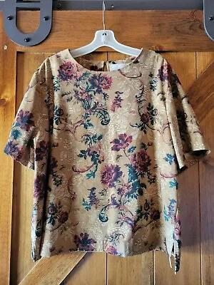 Womans Erin London Light Brown With Flowers Short Sleeve Blouse Size XL • $12.45