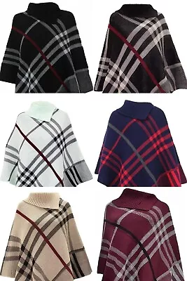 £11.95 • Buy Ladies Womens High Neck Poncho Tartan Check Knitted Winter Shawl Jumper Cardigan