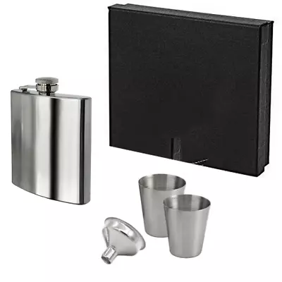 Stainless Steel 8oz Hip Flask With Gift Box Funnel & 2 Shot Cups Silver New • £9.95