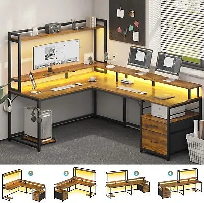 L Shaped Desk 94.4  Computer Desk With Led Lights &Minotor Shlef Two Person Desk • $169.97