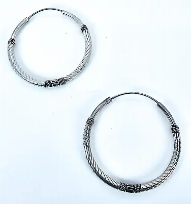 Bali Spiral Textured Large Vintage Sterling Silver Hoop Earrings 1.5 Inches • $24