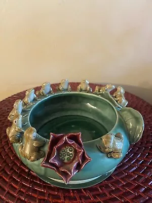 Majolica Style Pottery 10 Frogs On A Bowl Planter • $25