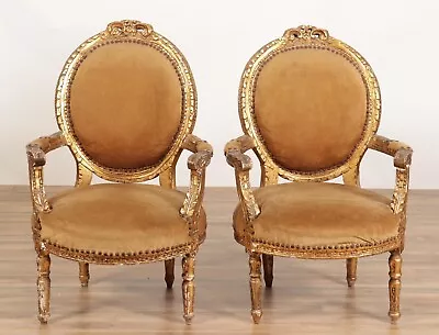 Pair Of Louis XVI Style Gold Toned Velvet Fauteuils Armchairs • $1650