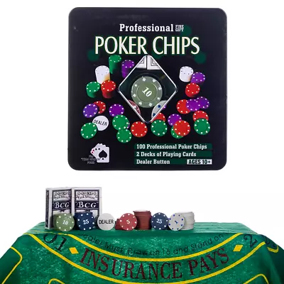 104 Poker Game Texas Hold'em Set Gaming Mat Chips 2 Decks Playing Card With Box • £13.49