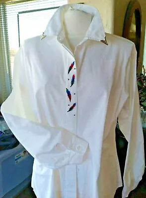 Vintage Roper Western Shirt Embroidered Feathers Silver Collar Tips White   XL  • $58.65