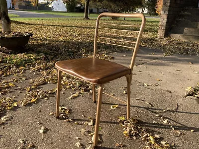 One Vintage Mid Century Cosco Metal Folding Chair Brown Faux Leather Seat 1960s • $60