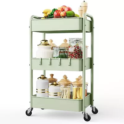 3 Tier Rolling Storage Cart Metal Trolley Utility Cart With Wheels & Hooks ... • $47.84