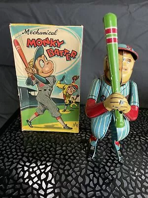 Tin Litho Mechanical Monkey Baseball Batter Wind-up W/ Ob 1950's By Aaa Japan • $420