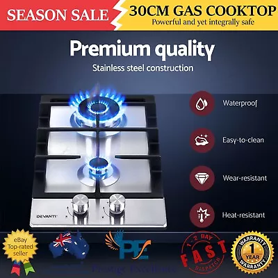 30cm Gas Cooktop 2 Cooking Burner Stove Cooker Knob Control LPG Stainless Steel • $143