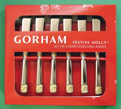 Gorham Festive Holly Set Of 6 Cocktail Appetizer Knives Gold Trim 5.75  New • $31.90