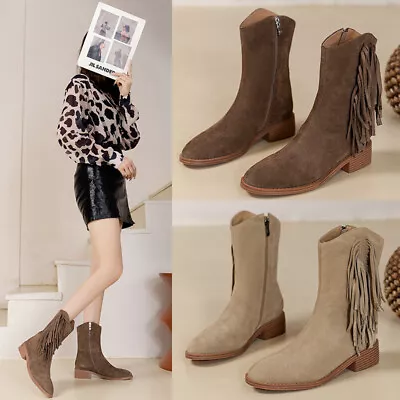 Women's Boots Tassel Retro Thick Heel Mid-calf Slim Cowboy Boots Fashion • $55.40