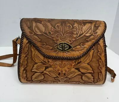 Vintage 60s 70s Large Hand Tooled Leather Purse Bag Boho Hippie Floral • $34.99