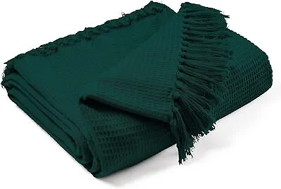 Single/Large/King Waffle Cotton Throw Sofa/Bed/Armchair Throw Blanket Dark Green • £14.99