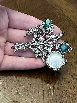 Vintage Monarch Swiss Green Rhinestone Flower Clock Brooch Silver Tone Rare! • $75