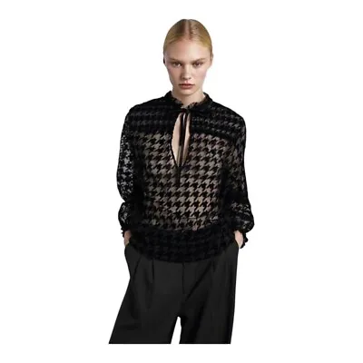 $18 • Buy Zara Velvet Sheer Black Houndstooth Blouse Size Large