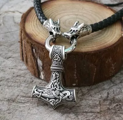 Men's Silver Stainless Steel Norse Viking Wolf &Thor Hammer Pendant Necklace • £9.44