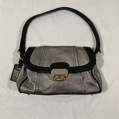 B Makowsky Metallic Silver Black Leather Flap Shoulder Bag • $30