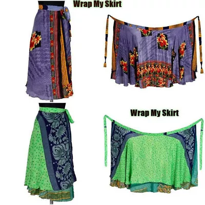 Vintage Silk Sari Recycled Magic Wrap Around Skirt Reversible Women Long 2 Pcs • $24.32