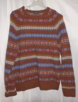 J Crew Brown Lambswool Knit Fair Isle Crew Neck Pullover Sweater Womens Size M • $26