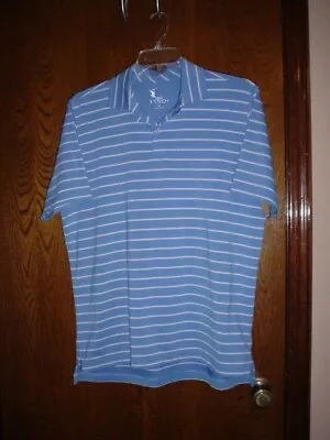 F & G Tech Golf Polo Blue Striped Shirt Medium Polyester Blend Excellent • $16