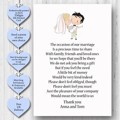 10 Personalised Wedding Honeymoon Gift Money Poem Cards Honeymoon Wish Inserts • £2.50