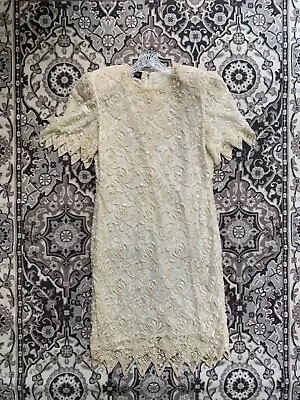 VINTAGE Carina White Beaded Pearl Lace Dress LARGE 1980s 1990s Bridal Boho • $29.99