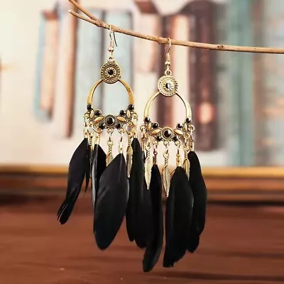 Fashion Women Bohemian Ancient Gold Earrings Sun Disc Feather Leaves Tassel 1485 • $5.99