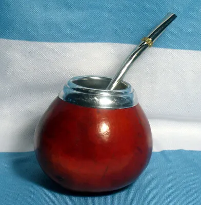 Mate Gourd Yerba Cup With Bombilla Straw Set Stainless Steel Handmade Argentina • $11.67