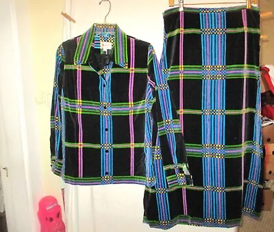 Vtg 60s Mod Mr Dino Ladies Check Velvet 2 Pc Shirt Jacket Top Maxi Skirt Suit M • $224.99