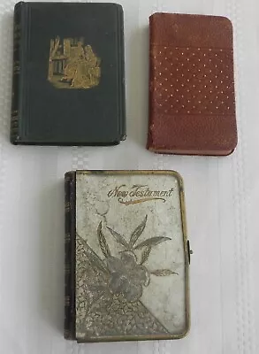 3 Small Books Metal Cover Brass Clasp New Testament 1885 Pilgrim's Progress 1860 • $24.99