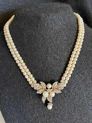 Vintage 2 Strand Faux Pearl Necklace With Rhinestone Gold Toned Pendant • $13.50