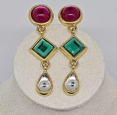 Vintage Cabochon Lucite Gold Tone Clip On Drop Dangle Earrings Red Green • $16.95