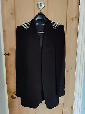 Rare ZARA Shoulder Stud Spike Long Line Black BLAZER Jacket Size M Fits S/M • £50