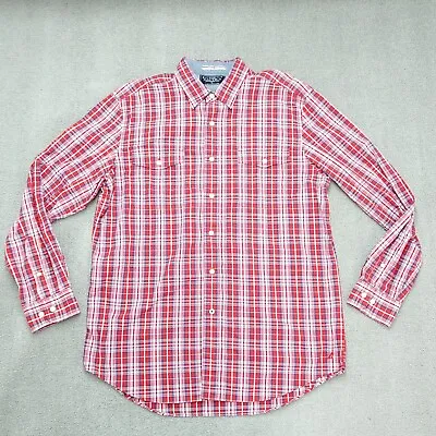Nautica Button-Up Shirt Men's Size Large Red Blue Plaid Long Sleeve 100% Cotton • $11.90